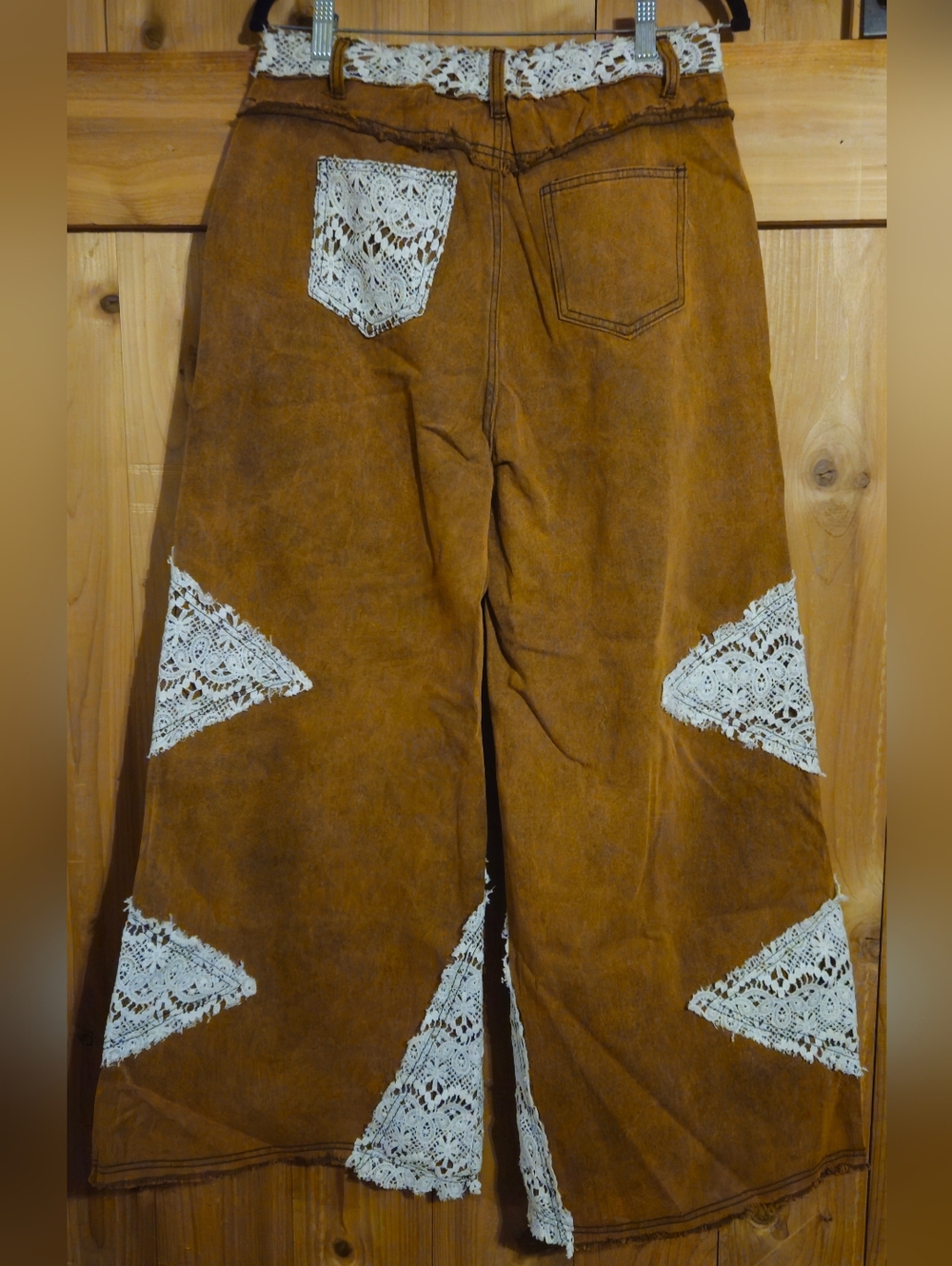 Sweet Details Rustic Brown Wide-Leg Flare Jeans with White Lace Inset - Picture 4 of 5